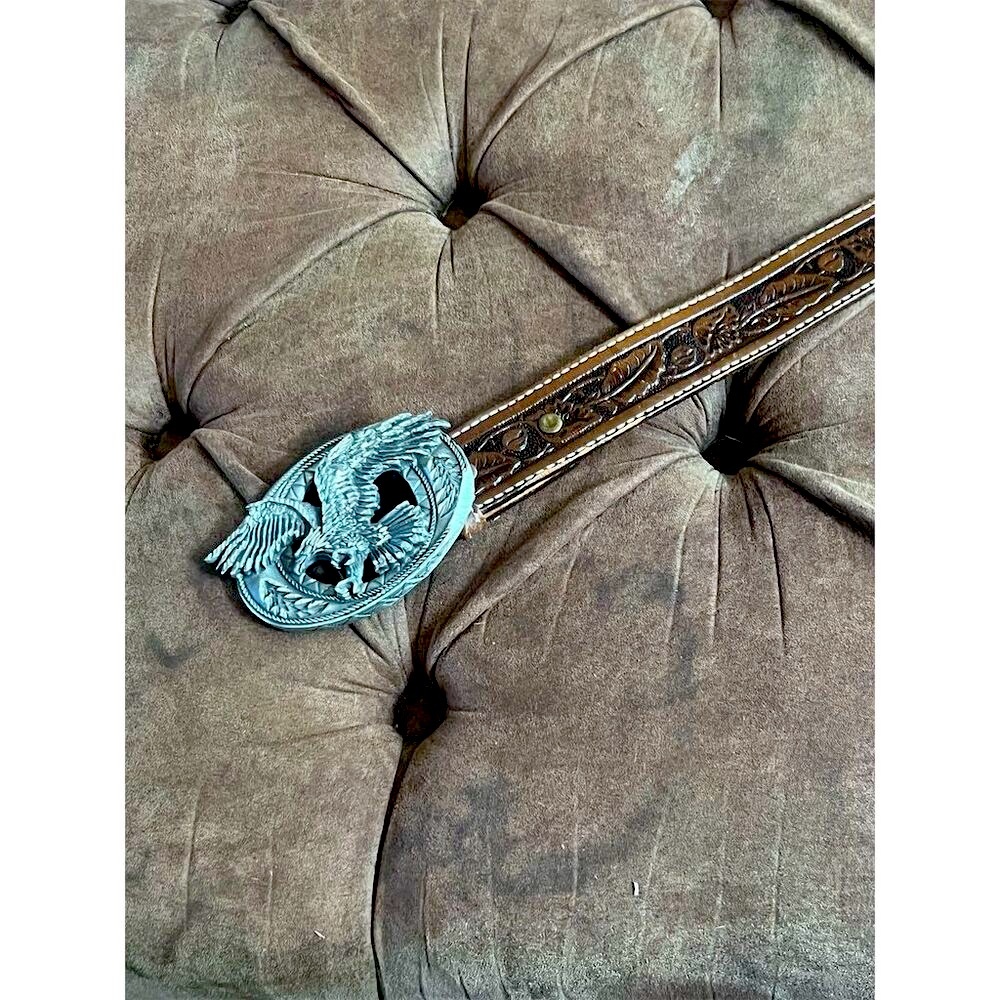 Vintage Western Leather Belt w/ Bald Eagle Buckle Unisex Adjustable Brown